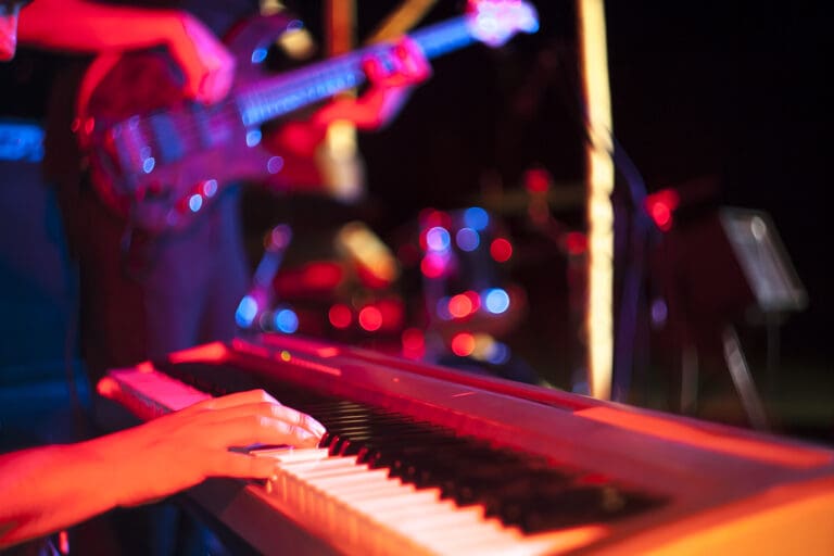 Musician playing on electric keyboard at jazz music festival – Le Sentier des Pins, Ramatuelle