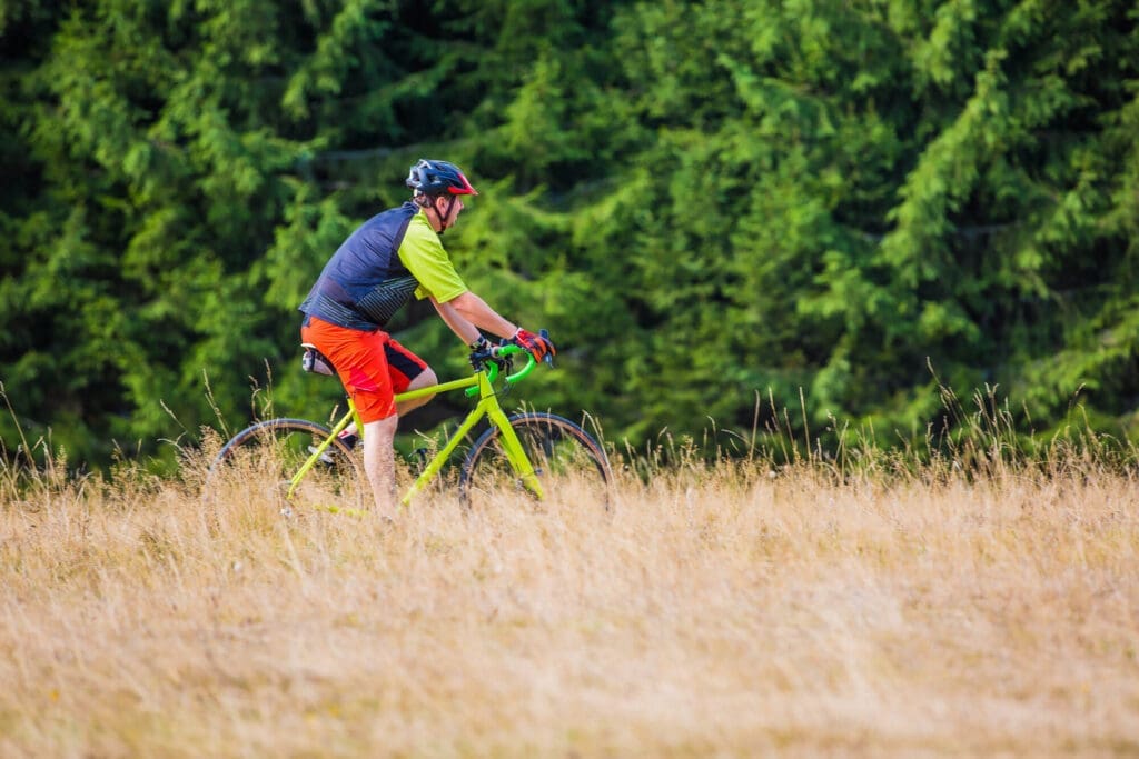 Cyclists riding along a rural path near pine trees — Le Village des Lavandes in Montbrun-les-Bains