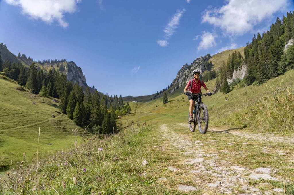 Senior woman on electric mountain bike in the Brenzer Wald… — Le Balcon des Écrins à Réallon